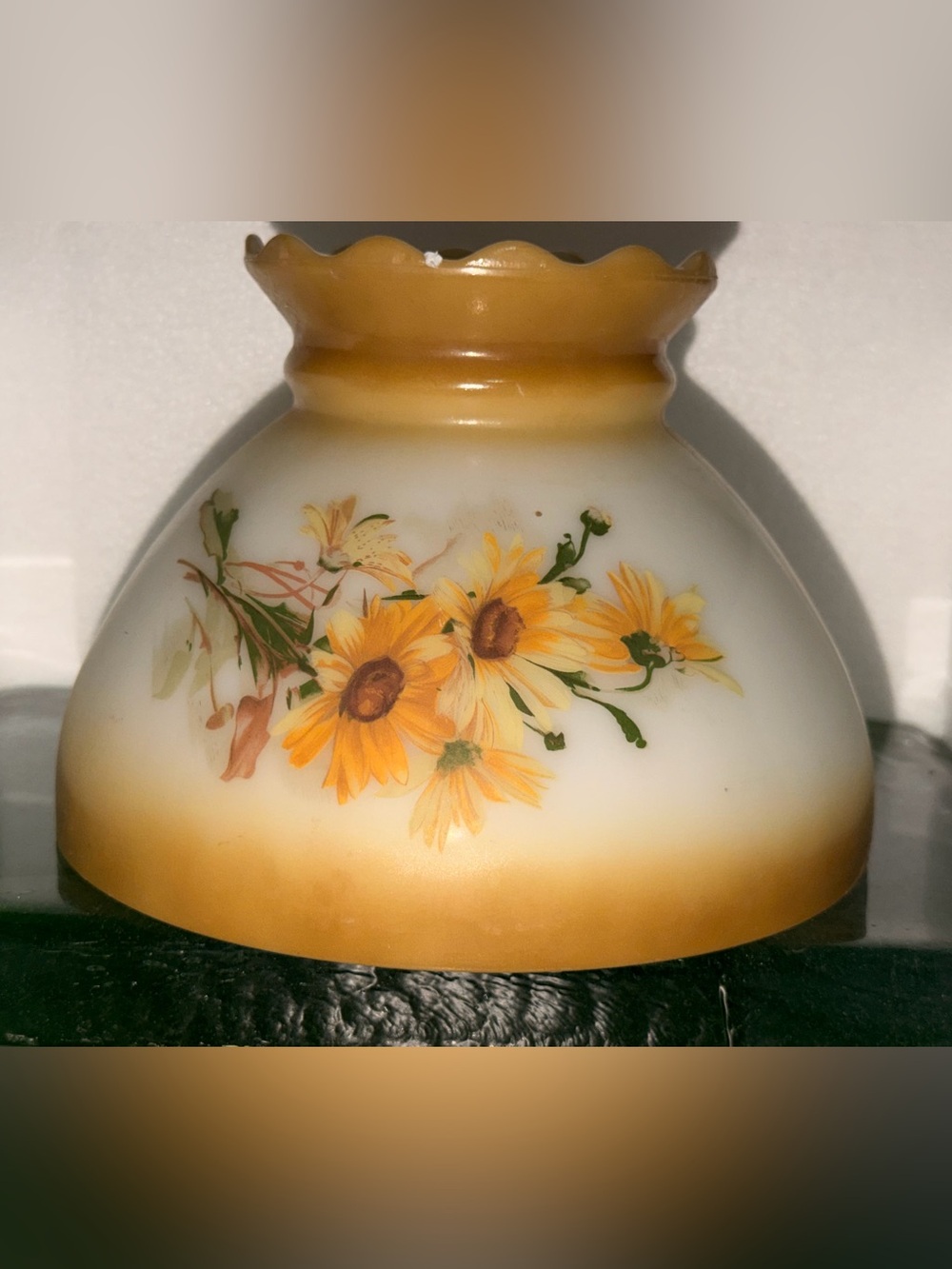 Vtg Milk Glass Hurricane Lamp Shade Yellow Amber Daisy Floral Ruffle 8”